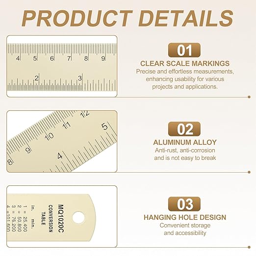 HARFINGTON 2pcs Metal Straight Ruler 20cm Metric SAE Aluminum Alloy Measuring Rulers Scale Tool with Hole for Measure Study Reading Classroom Office, White