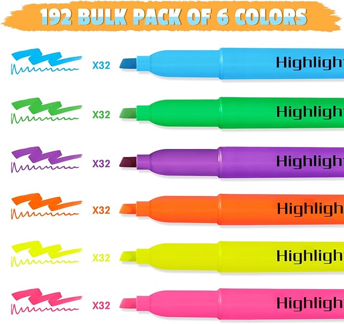 Aigybobo 192 Pack Highlighters in 6 Assorted Colors, Chisel Tip Dry-Quickly Highlighters Bulk, No Bleed Highlighter Markers for Kids Adults, Classroom Teachers Must Haves, School Office Supplies