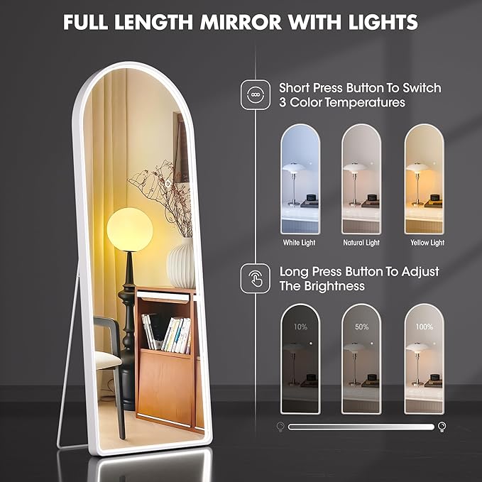 Hasipu 55" X 18" Full Length Mirror with Lights, White Frame Arch Led Mirror Full Length and 3 Colors Temperatures & Brightness Adjustable,Light Up Mirror Full Body for Bedroom Cloakroom Living Room