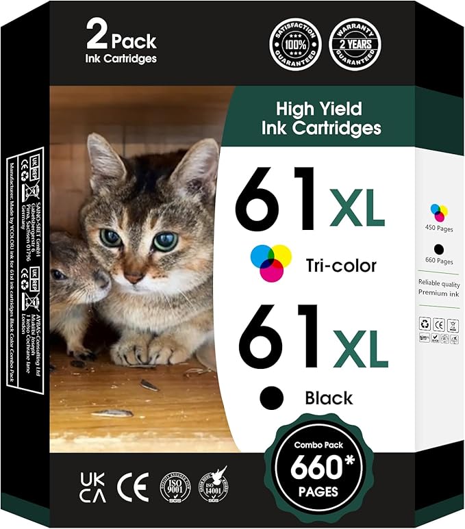 61XL 61 XL Ink Cartridges High Yield Replacement for HP Ink 61 61 XL 61XL for Envy 4500 4501 4502 5530 Deskjet 1000 1010 1050 1510 2510 2540 3000 Officejet 2620 4630 Printer (1 Black,1 Color)
