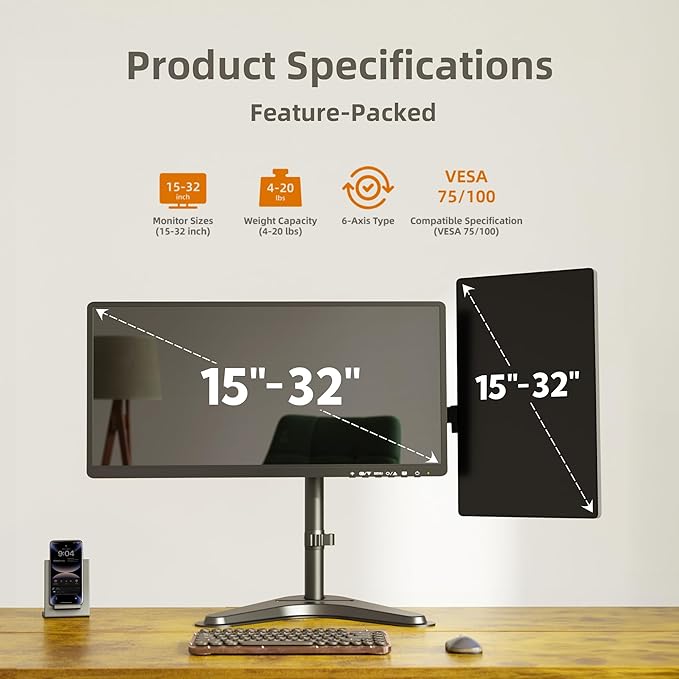 Claiks Dual Monitor Mount, Ergonomic Adjustable Monitor Arm for Max 32 inch Screens, Adjustable Computer Monitor Stand up to 40 lbs, VESA Mounting Holes 75&100mm, Black