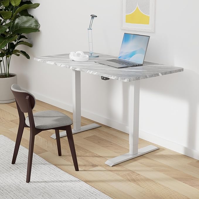FLEXISPOT EN1 One-Piece Standing Desk 55 x 28 Inches Stand Up Desk Workstation Home Office Computer Height Adjustable Desk (White Frame + Marble Gray Top, 2 Packages)