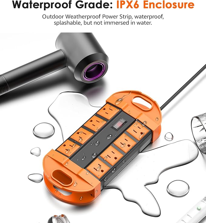 CCCEI Outdoor Power Strip Weatherproof with 8 Plug, Waterproof Extension Cord with Multiple Outlets, Christmas Exterior Garden Yard Surge Protector 15FT, Orange.