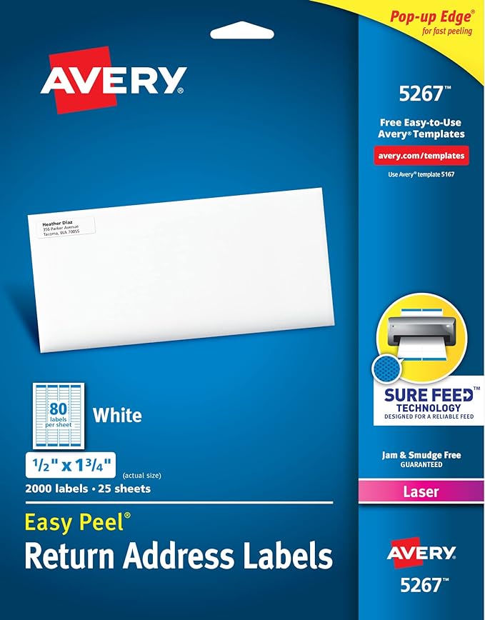 Avery Mailing Address Labels,Laser Printers, 2,000 Labels,1/2x1-3/4,Permanent Adhesive,Easy Peel,5 Packs(5267)