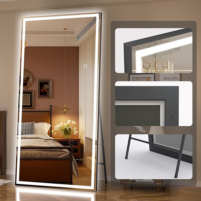 Hasipu Full Length Mirror with Lights, 71" x 32" LED Lighted Floor Standing, Full Body Dressing Hanging Mounted Mirror, Dimmable, Tempered Glass, Safe to Use, Square Black