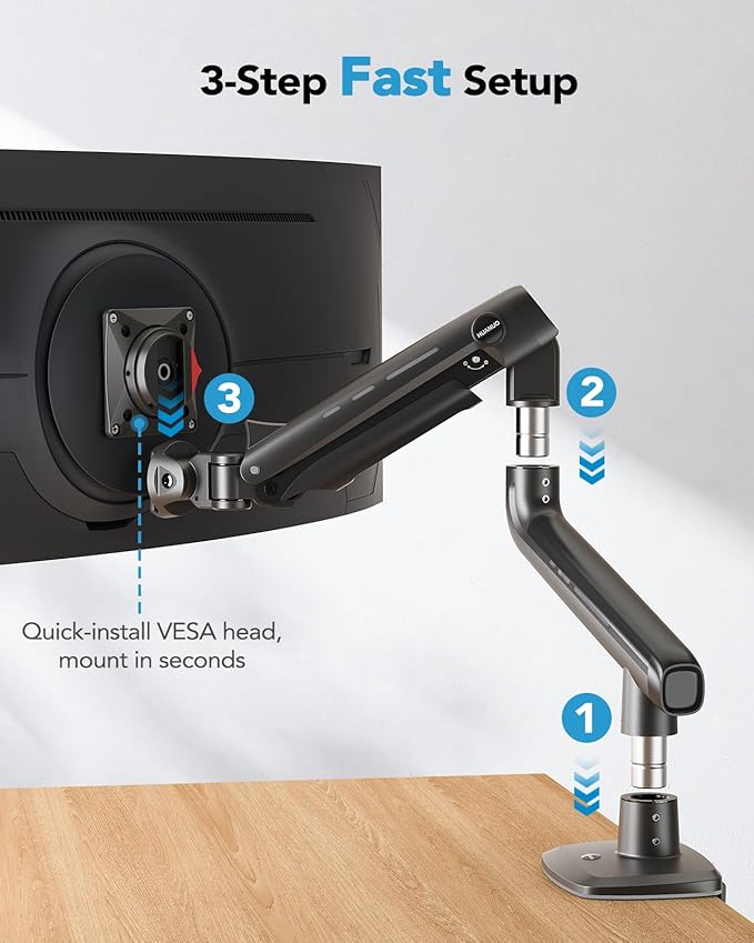 HUANUO Heavy Duty Monitor Arm for Ultrawide Screens up to 49", Holds 40 lbs,Aluminum Ultrawide Screen Desk Mount,Fully Adjustable Single Monitor Mount with C-clamp, Grommet Base, Max VESA 100x100