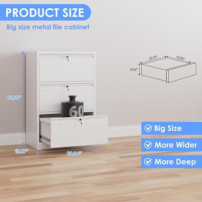 Aobabo 3 Drawer Wide Lateral File Cabinet, Metal Filing Cabinet with Lock, Suitable for Home Office School Hanging Files Letter/Legal/F4/A4 Size,White,Required-Assembly,15.87" D x 28.94" W x 43.62" H