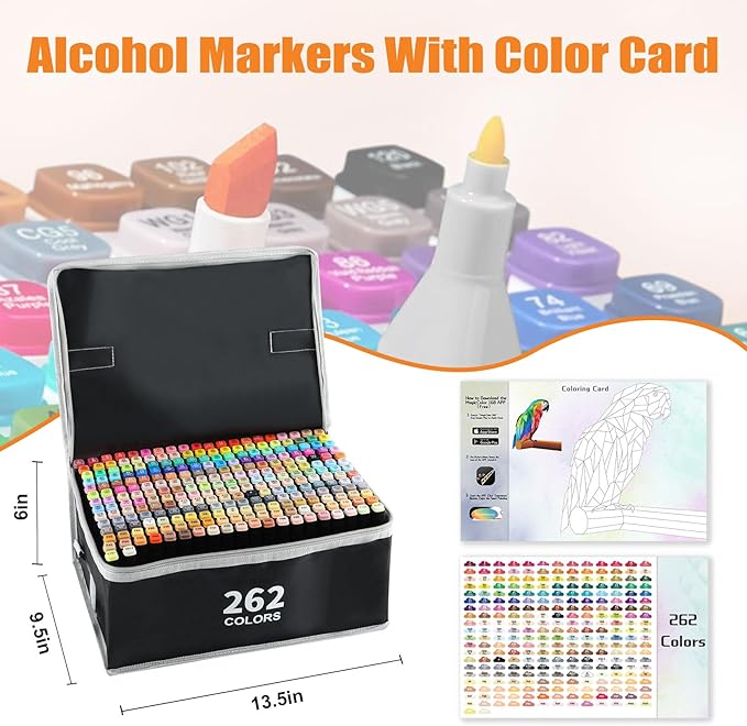 262 Colors Alcohol Markers with Free App, Chisel Tip and Fine Tip, Dual Tip Alcohol-Based Marker set for Artist Adults, Art Markers for Painting, Coloring, Sketching and Drawing,Great Gift Idea
