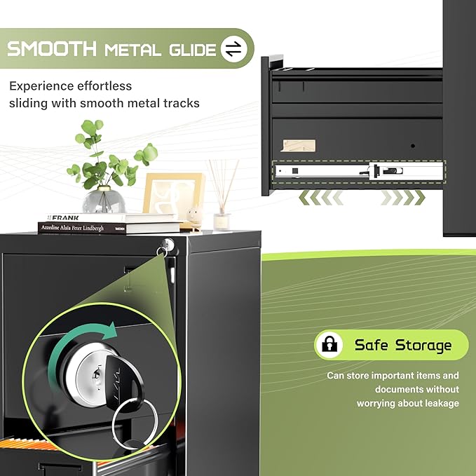 Crownland Lateral File Cabinet with 2 Drawers, 15" W Metal Lockable Office File Cabinets for Home Office- Stores Letter/Legal/A4/F4 Files(Black)