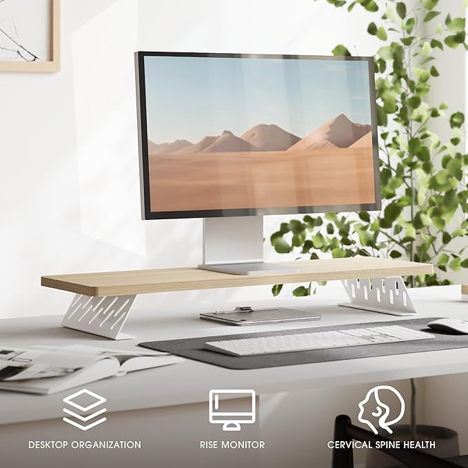 Fenge Monitor Stand Riser, Desk Top Shelf for 2 Monitors, Computer Stands for Desk, Wood & Steel Desktop Riser for Laptop, PC, Printer