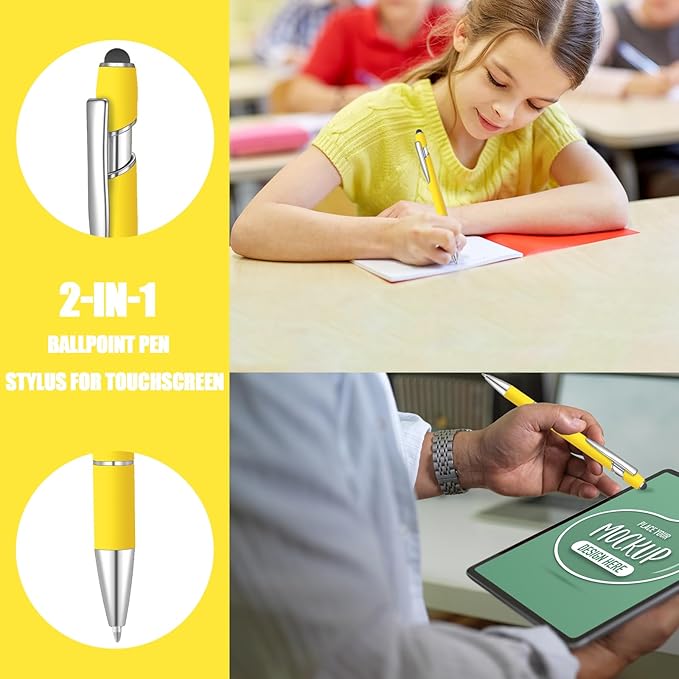 24 Pcs Blue Ink Ballpoint Pen with Stylus Tip 2 in 1 Ballpoint Pen 1.0 mm Blue Ink Metal Stylus Pen for Touch Screens Coworkers, Family, Colleagues, Office (Yellow)