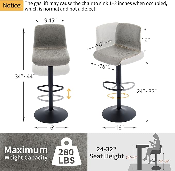 HeuGah Swivel Bar Stools Set of 4, Counter Height Bar Stools with Back, Adjustable Bar Stools 24" to 32", Gray Faux Leather Bar Chairs for Kitchen Island (Gray, Set of 4 (24'' to 32''))