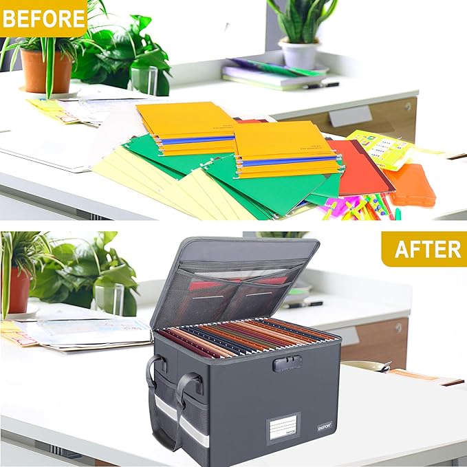 ENGPOW File Box with Lock, Fireproof Document Box with Zipper Lid, Collapsible File Organizer Storage Filing Cabinet with Handle, Portable Home Office Safe for Hanging Letter/Legal Folders, Grey