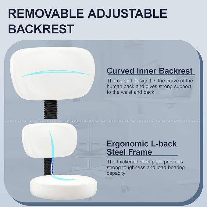 Drafting Chair with Backrest – Adjustable Foot Rest Rolling Stool with Wheels, PU Leather Swivel Stool for Office Spa Studio Lab Counter Salon Home Work Bar Kitchen Shop(White)