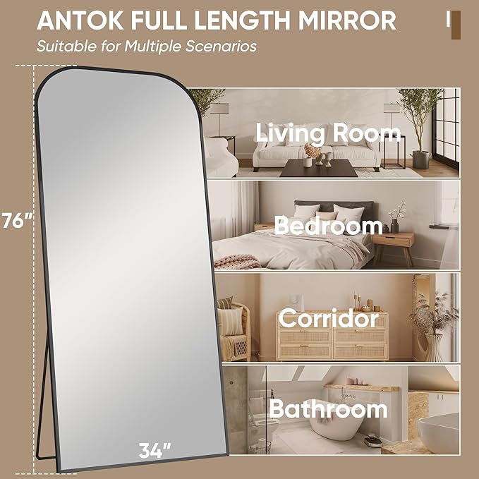 Antok Full Length Mirror, 76"x34" Floor Mirror Freestanding, Arched Floor Standing Large Mirror Full Body Mirrors with Stand for Bedroom, Hanging Mounted Mirrors for Living Room, Black