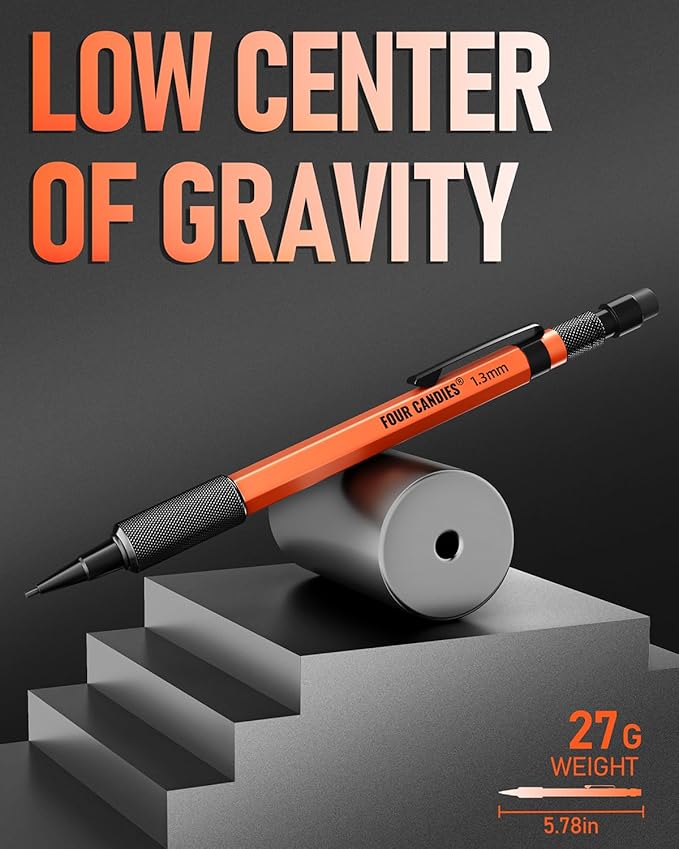 Four Candies 3PCS 1.3mm Mechanical Pencil Set with Case, Metal Heavy Duty Carpenter Pencils with 72 Refill(Red,Black,Yellow) 3Eraser, 16Eraser Refill, Weatherproof Body Outdoor Woodworking Marking