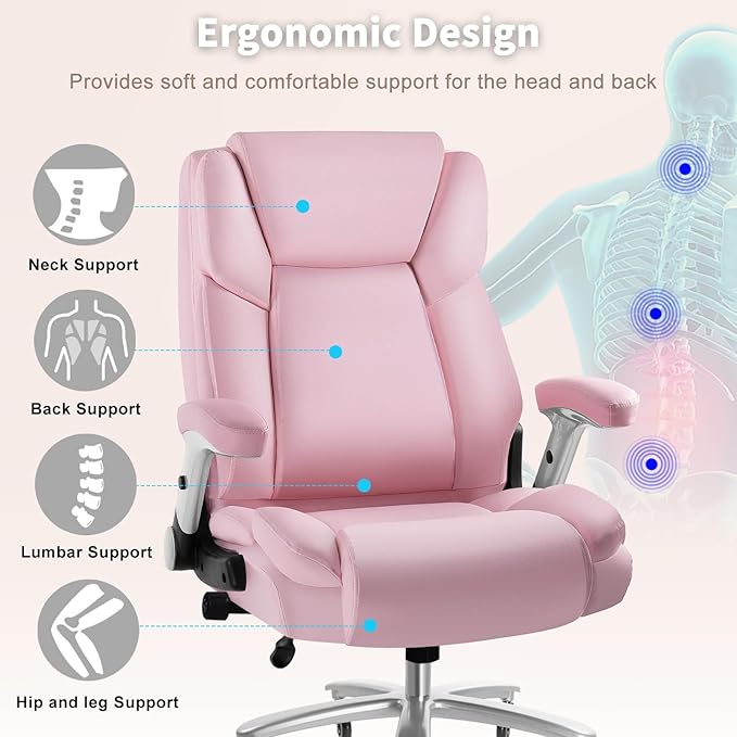 Big and Tall Office Chair 600lbs, Heavy Duty Executive Office Chair for Heavy People, Pink High Back Office Leather Ergonomic Chair with Adjustable Armrests and Lumbar Support for Computer Desk Chair