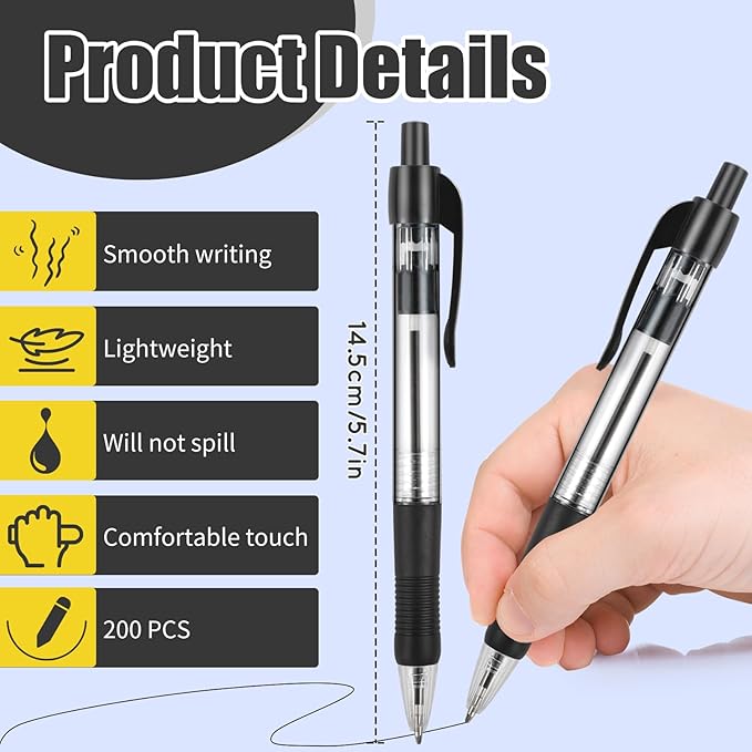 Blcculi 200 Pack Retractable Ballpoint Pens Bulk,1.0 mm Medium Point Pen,Black Gel Ink Pens,Smooth Writing Pens with Comfortable Grip for Office Supplies Journal Writing (Black Ink)