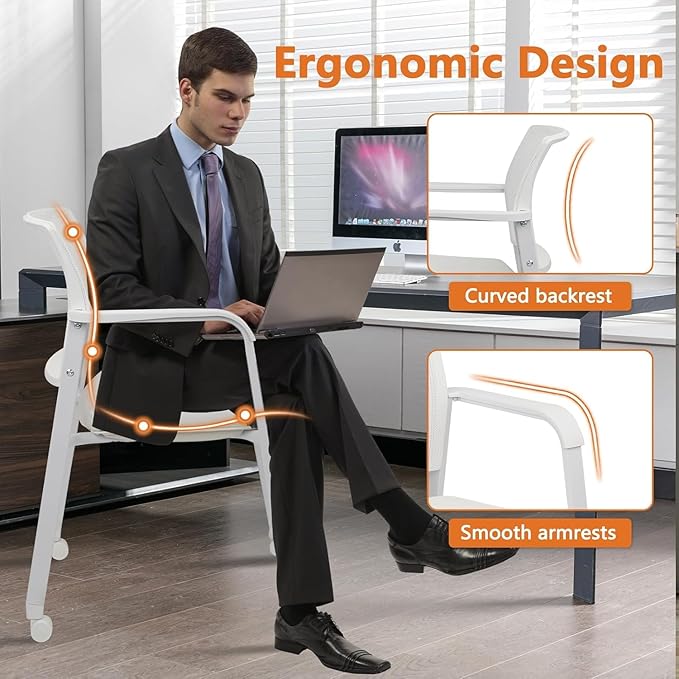CLATINA Stacking Office Chairs with Wheels | Mesh Back, Thicken Leather Seat and Streamline Armrests, Ergonomic Lumber Support | School, Desk, Guest Reception, Waiting, Conference | Set of 8, White