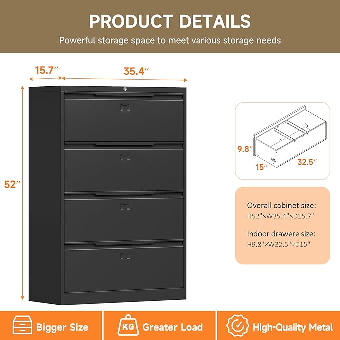 File Cabinet, 4 Drawer Metal File Cabinet with Lock, Lateral File Cabinet for Home and Office, Lateral File Cabinet for A4 Legal/Letter Size, Assembly Required (Black, 4 Drawer)