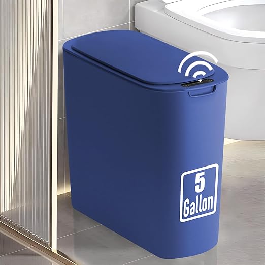 5 Gallon Motion Senor Bathroom Trash Can with Lid, Automatic Garbage Can Touchless, Smart Plastic Waste Basket for Narrow Spaces, Bathroom, Office, Bedroom, Living Room (Blue)