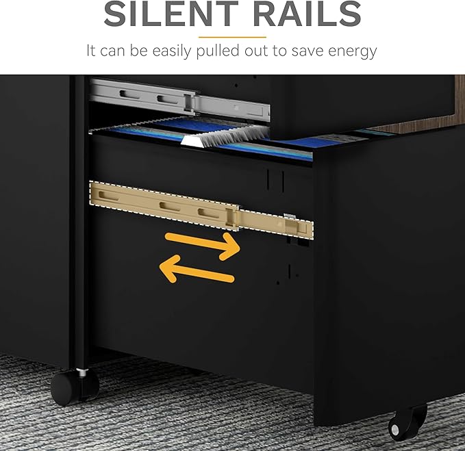 DWVO 3-Drawer Vertical File Cabinet, Mobile Filing Cabinet with Lockable, Pre-Assembled Compact Slim File Cabinet, Portable Office Storage for A4/Letter/Legal Documents (Black)