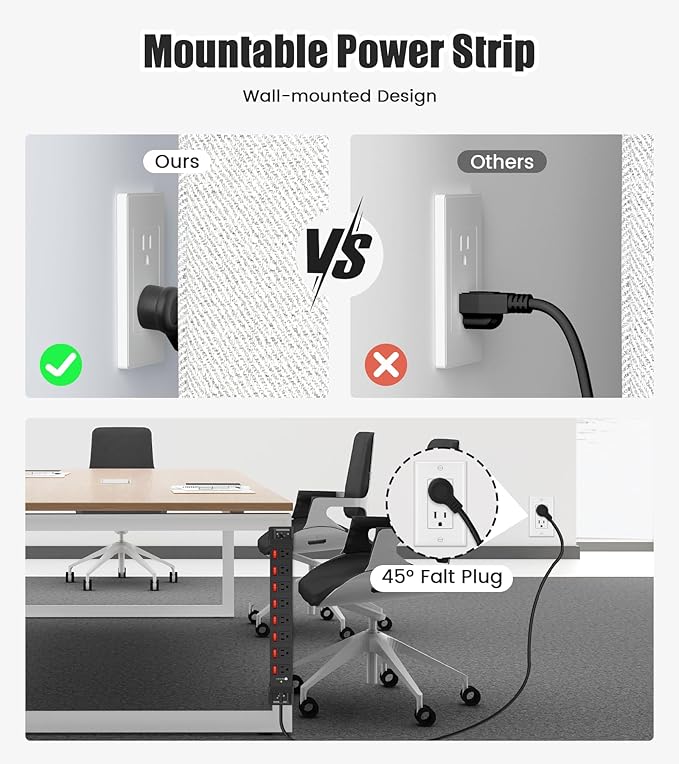 Heavy Duty Power Strip with Individual Switches,8 Outlets 14 Gauge Industrial Shop Garage Metal Multiple Outlets,1200J Surge Protector Mountable Power Strip,10FT Extension Cord Management(Black)