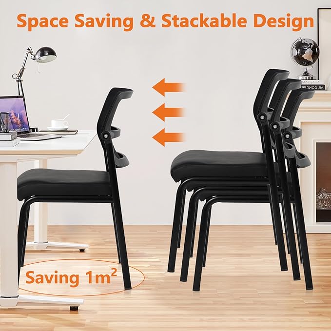 CLATINA Stackable Waiting Room Chair with Adjustable Mesh Backrest, Armless Office Guest Reception Chairs with Leather Cushion and Ergonomic Lumbar Support for Conference Lobby Side School, Black