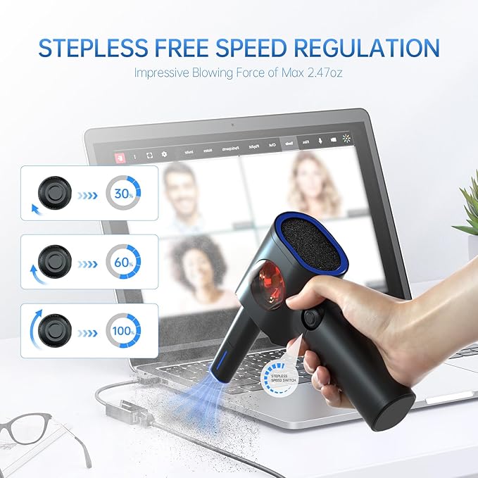 ATEngeus Compressed Air Duster, Stepless Speed Electric Air Duster with Storage Case, Cordless Air Duster with LED Replace Canned Air, 6 Accessories Air Blower, Keyboard Cleaner for Car, PC, Home