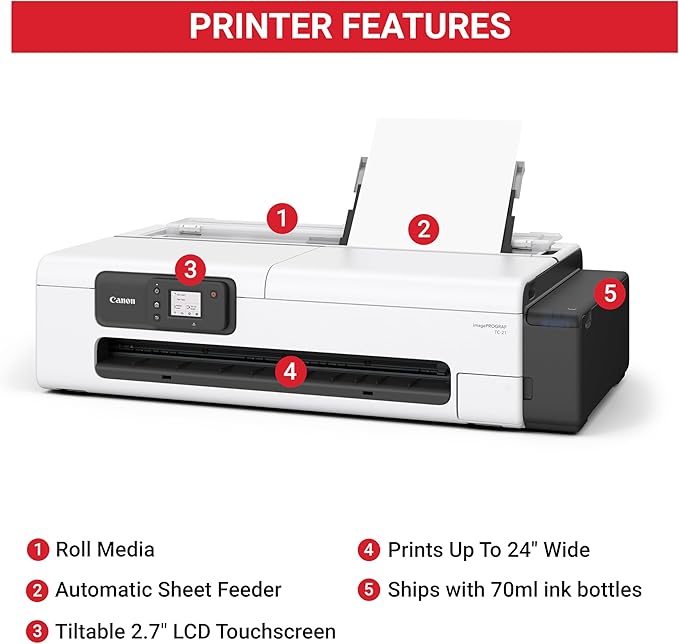 Canon imagePROGRAF TC-21 24" - Large Format Printer, Poster & Plotter Printer, Automatic Roll & Cut Sheet Paper Feeder, Includes 280 ml of Ink, White