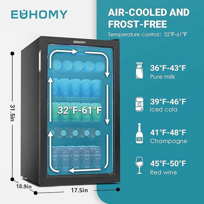 EUHOMY Beverage Refrigerator Cooler, 130 Can Mini Fridge with Glass Door for Soda Beer or Wine, Beverage Cooler for Home, Office, Bar with Adjustable Removable Shelves, Black