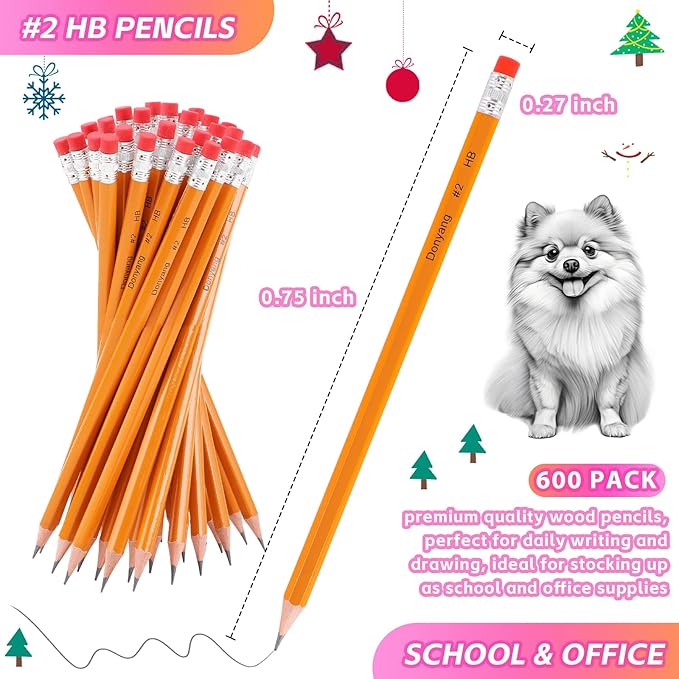 Donyang 600 Pack #2 HB Pencils Bulk, Pre-Sharpened with Erasers, Back to School Supplies, Teacher Supplies Office Essentials Accessories, Number 2 HB Yellow Pencils for Writing, Drawing and Sketching