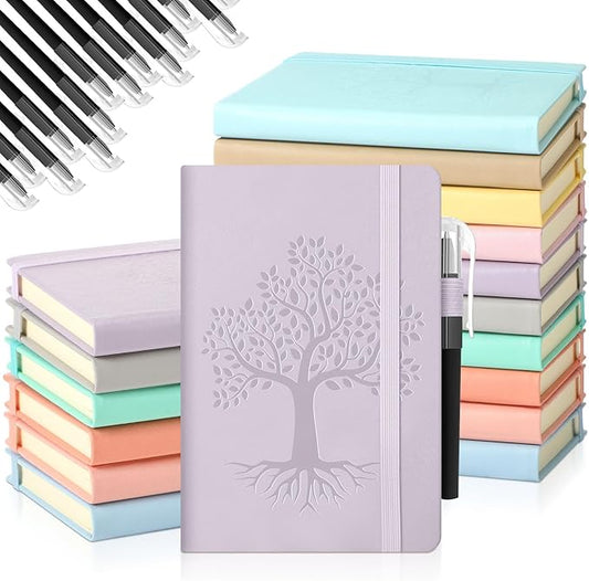 Estune Tree Small Notebooks Pen Leather Lined Pocket Subject Notebooks Hardcover Pocket Notepad Cute Ruled Leather Journals with Pen Holder for Men Women School Business, A6 (Elegant Color,20 Set)