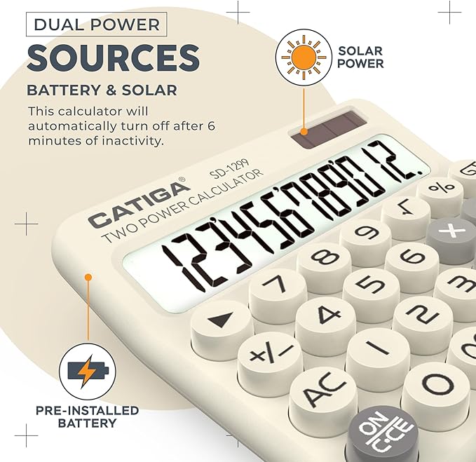 CATIGA Mechanical Switch Calculator with Solar and Battery Dual Power, 12-Digit Large LCD Display, Aesthetic and Cute Desktop Calculator with Big Button, for Home, School and Office Use, SD-1299