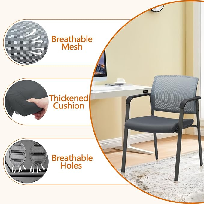 CLATINA Mesh Back Stacking Arm Chairs with Upholstered Fabric Seat and Ergonomic Lumbar Support for Office School Church Guest Reception Grey 2 Pack Set