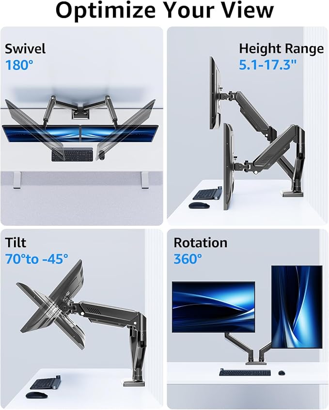 Dual Monitor Stand fits up to 32 inch, 4.4-22 lbs Computer Screens, Dual Monitor Desk Mount Height Adjustable, Monitor Arms for 2 Monitors, Home Office VESA Mounts with Gas Spring, Freelift Black