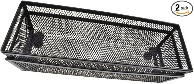 HAHIYO Stackable Mesh Tray Cup 9 x 3 x 2 inches Sturdy Container for Desk Drawer Organizer Collection for Home Office School kitchen Soft Foam Feet No Sharp Edges 2 Pack Black