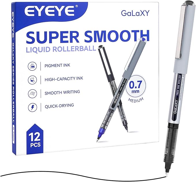 EYEYE Black Rollerball Pens 12 Pack 0.7mm Medium Point Fine Tip Pens Quick Dry Liquid Ink Pens Smooth Writing Pens for Journaling Note Taking Office School Supplies
