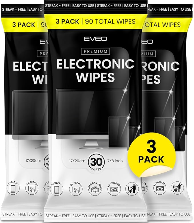 EVEO Electronic Wipes Screen Cleaner - Screen Wipes TV Screen Cleaner Wipes, Computer Screen Wipes, Laptop Screen Cleaner, ipad & Monitor Cleaner, Screen Cleaning Wipes - [90 Wipes + Microfiber Cloth]
