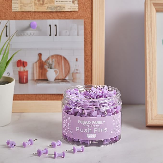 FUDAO FAMILY 300pcs Push Pins for Bulletin Board, Thumb Tacks for Wall Corkboard, Map Pins - Home Office Craft Projects Plastic Head Steel Push Pin (Purple)
