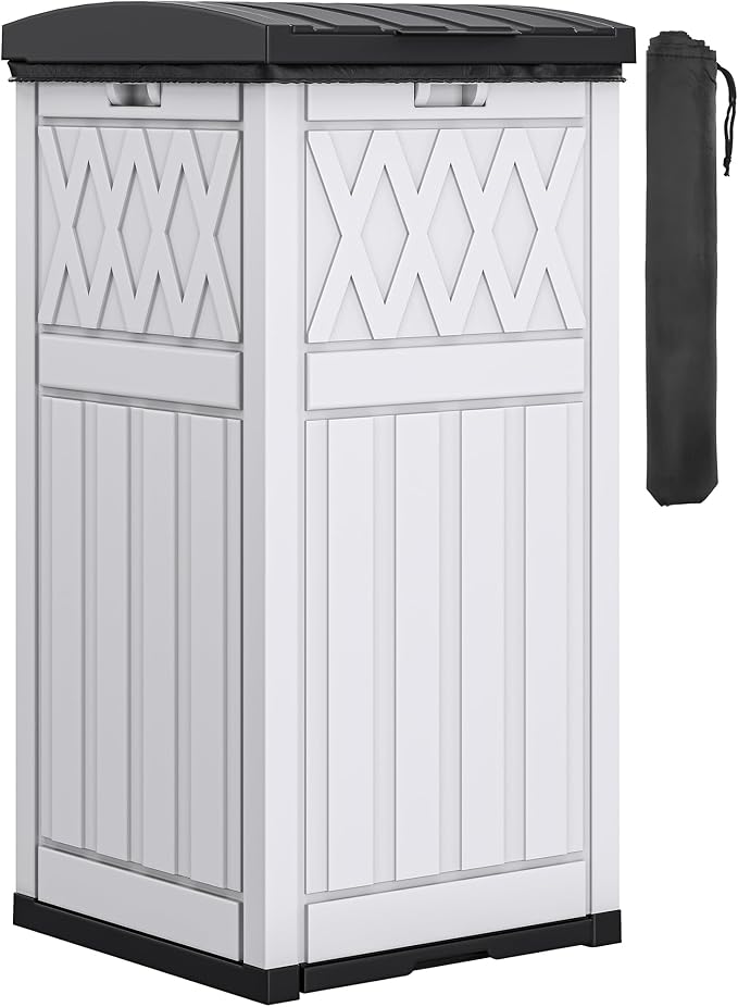 DWVO 36-Gallon Outdoor Trash Can with Fabric Bag, Tiered Lid & Drip Tray, Waterproof Resin Garbage Bin for Patio, Deck, and Backyard, White & Black