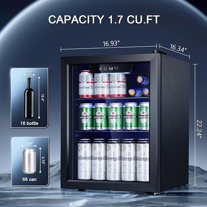 Antarctic Star Beverage Refrigerator Cooler-68 Can 16 Bottle Mini Fridge for Soda Beer Wine Champagne,Glass Door, Drink Dispenser, Knob Control,for Home and Bar,1.7Cu.Ft,Black
