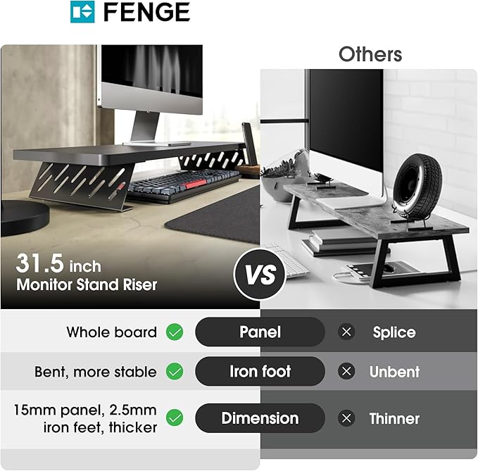 Fenge Monitor Stand Riser, Desk Top Shelf for 2 Monitors, Computer Stands for Desk, Wood & Steel Desktop Riser for Laptop, PC, Printer