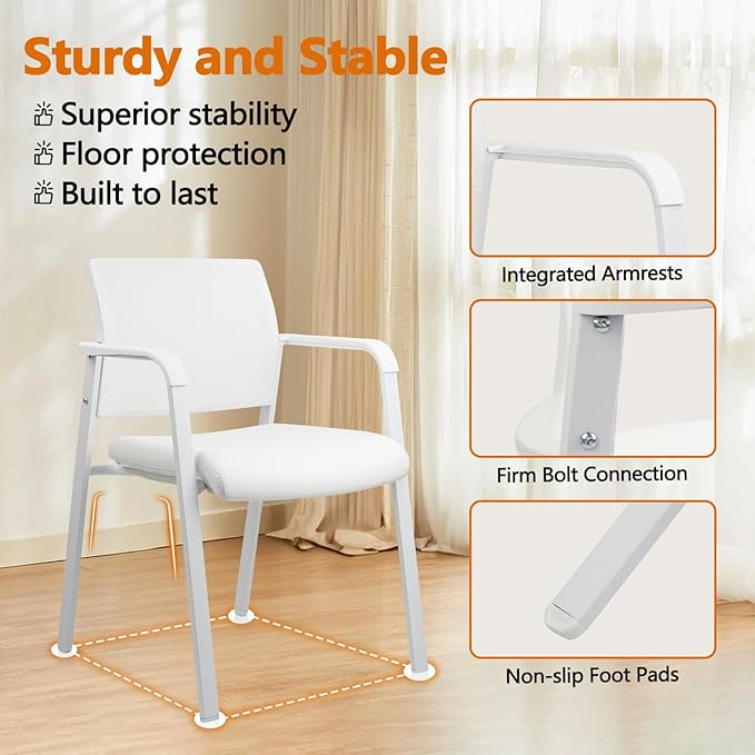 CLATINA Stacking Office Chairs | Mesh Back, Thicken Leather Seat and Arms, Ergonomic Lumbar Support | Guest Reception, Waiting, Conference, School, Party, Customer, Side, Stationary | Set of 4, White