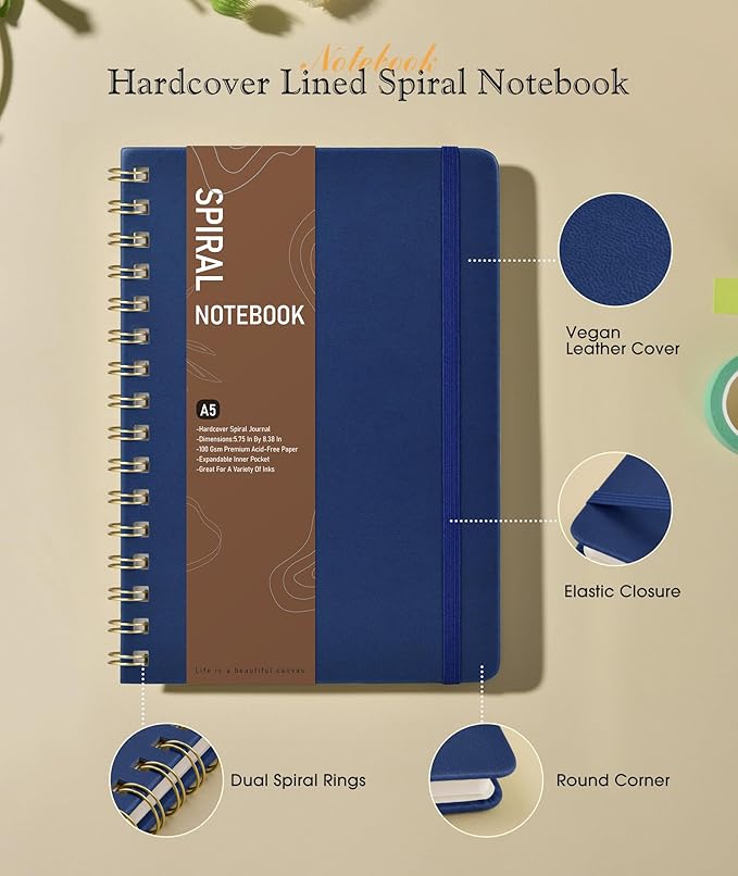 Graph Spiral Journal Notebook, A5 Hardcover Spiral Journals for Women Men, 100 GSM Graph Paper Notebooks, 150 Pages Spiral Bound Grid Notebook for Writing Note Taking Work 5.75" x 8.38", Navy Blue