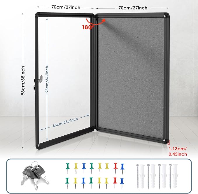 Enclosed Bulletin Board Lockable Display Case Message Board with Locking Door for Indoor, Grey Felt, Black Aluminum Frame, 38 X 28 in