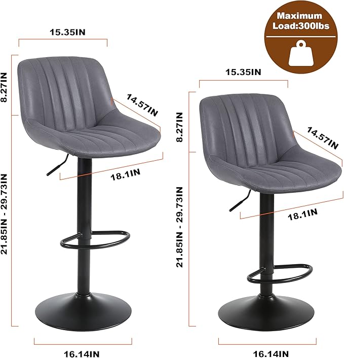 Bar Stools Set of 4, Swivel Counter Height Barstools with Back, Adjustable PU Leather Bar Chairs, Modern Armless Kitchen Island Stool, Dark Grey