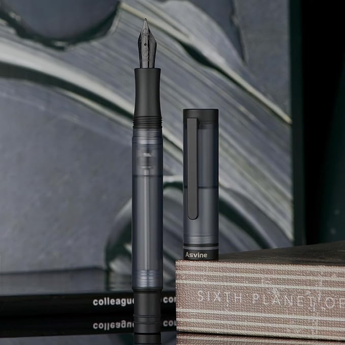 Asvine V200 Titanium Fountain Pen Vacuum Filling, Matte Black Medium Nib Clear Demonstrator Acrylic with Pen Case and Wrench