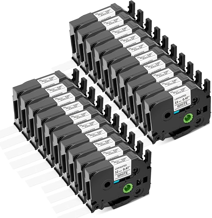 Airmall Tze 12mm 0.47 Laminated White Label Maker Tape Refill Compatible with Brother 12mm .47 Laminated White Tz Tape TZe-231 TZ-231 for PT-D200 D210 D220 H110 D410 P710BT 1750 1180, 20Pack