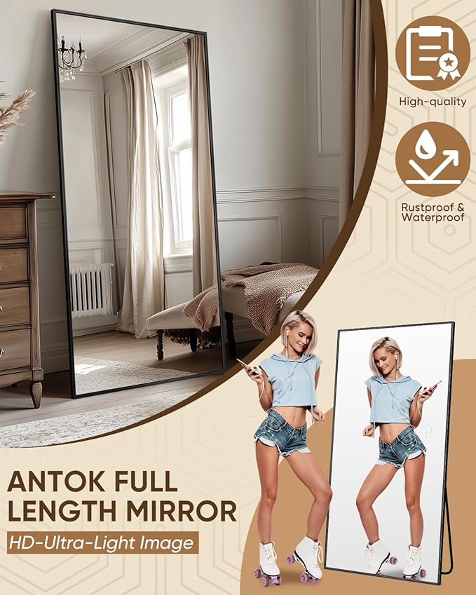 Antok Full Length Mirror, 58"x21" Floor Mirror, Floor Standing Freestanding Full Body Mirror with Stand for Bedroom, Hanging Mounted for Living Room Cloakroom, Black